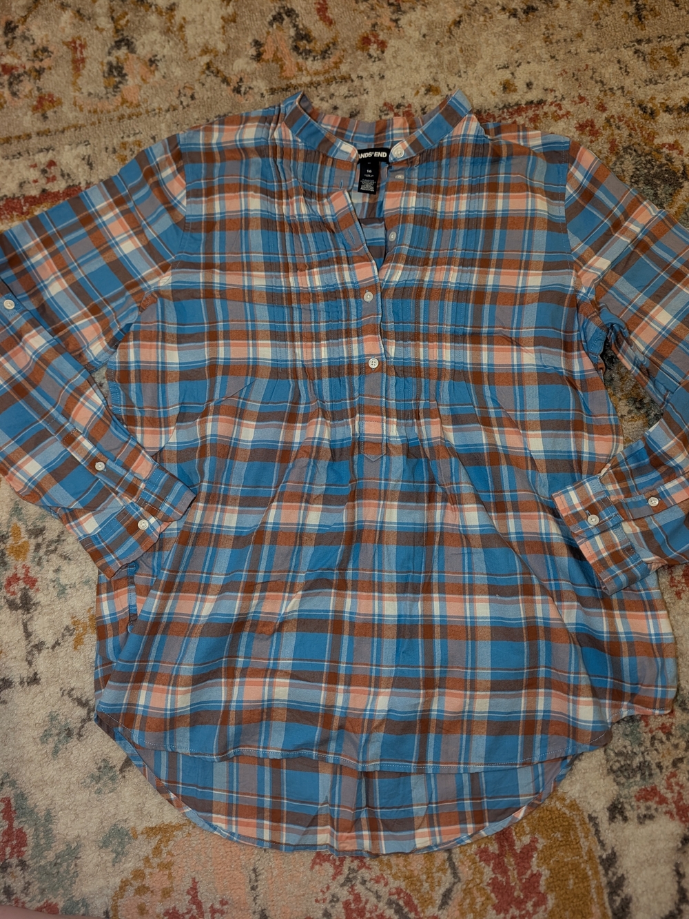 Lands' End Women's XL Blue Brown Plaid Pullover Shirt Loose Fall Flowy